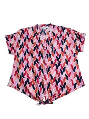 CHARTER CLUB Luxury Blouse 100% Linen Button Tie Short Sleeve Pink Red Sz Small